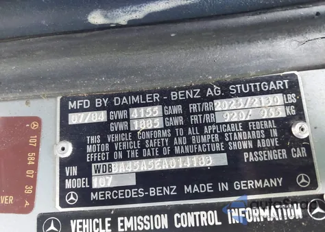 1984 Mercedes-Benz 380 Sl из США, поврежденный, VIN WDBBA45A5EA014183